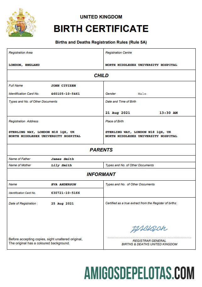 Realista modelo Word e PDF de certidão de nascimento de registro vital do Reino Unido